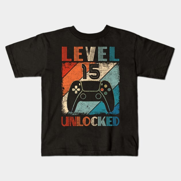 Vintage Level 15 Unlocked Video Gamer 15th Birthday Kids T-Shirt by carpenterfry